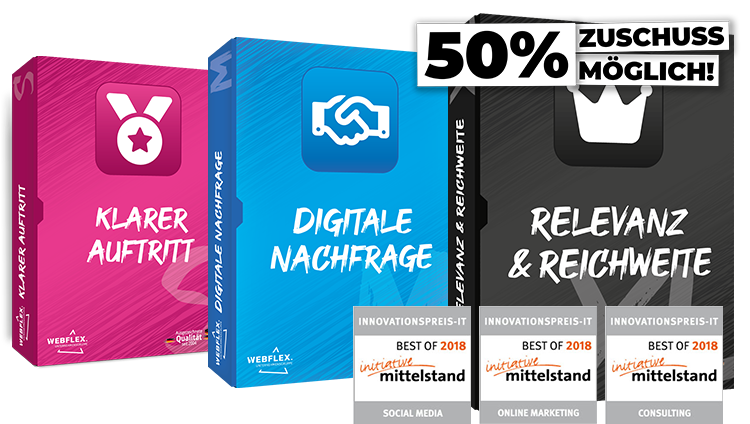 Darstellung der drei Produkt-Pakete 'Klarer Auftritt (S)', 'Digitale Nachfrage (M)' und 'Relevanz und Reichweite (XL)' mit den Innovationspreisen initiative Mittelstand in Online Marketing, Consulting und Social Media und Möglichkeit auf 50% Zuschuss für Fördermittel