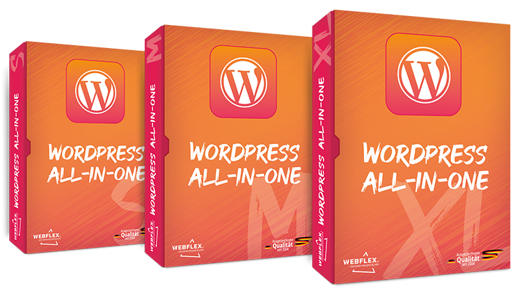 Darstellung der drei Produkt-Pakete 'WordPress All-In-One' (S, M und XL)