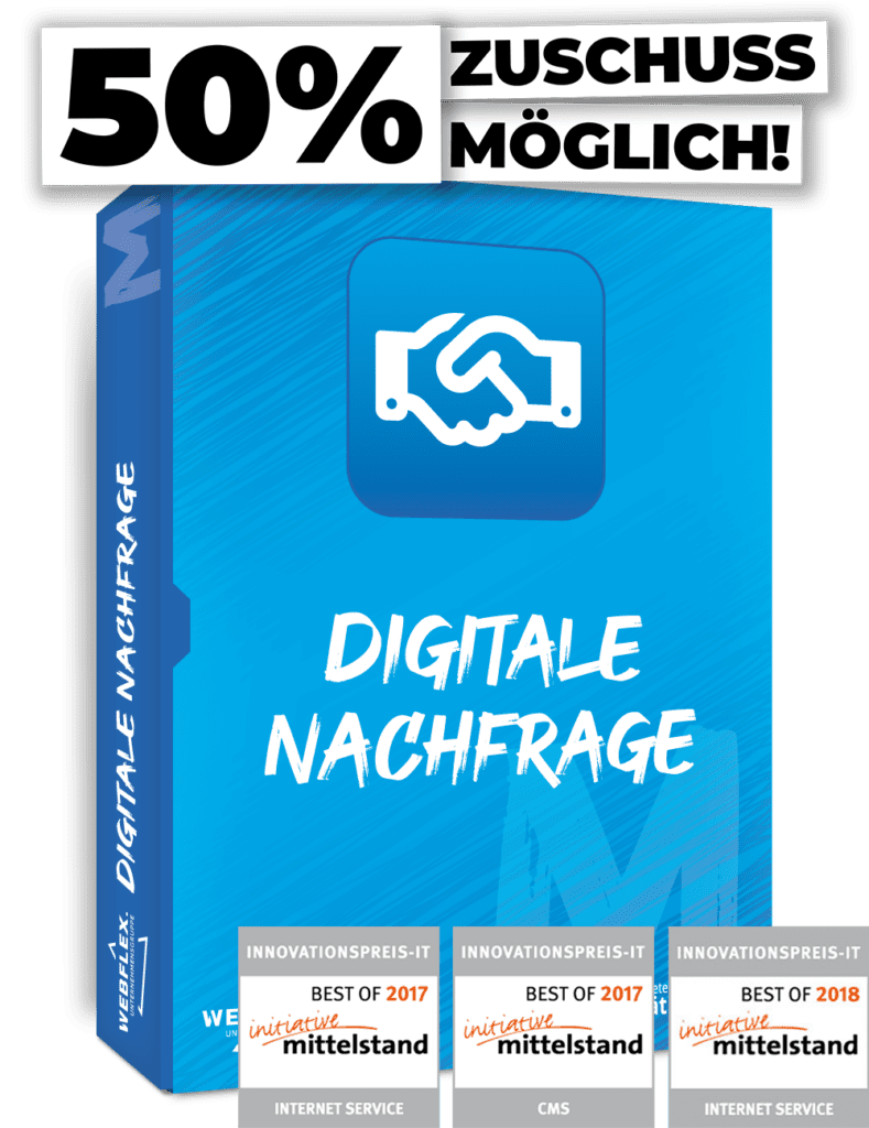 Darstellung des Produkt-Paketes 'Digitale Nachfrage (M)' mit den Innovationspreisen initiative Mittelstand in Online Marketing, Consulting und Social Media und Möglichkeit auf 50% Zuschuss für Fördermittel