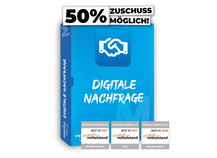 Darstellung des Produkt-Paketes 'Digitale Nachfrage (M)' mit den Innovationspreisen initiative Mittelstand in Online Marketing, Consulting und Social Media und Möglichkeit auf 50% Zuschuss für Fördermittel