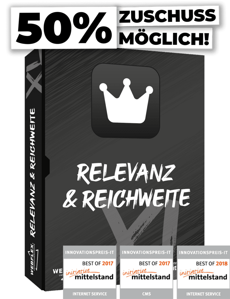 Darstellung des Produkt-Paketes 'Relevanz und Reichweite (XL)' mit den Innovationspreisen initiative Mittelstand in Online Marketing, Consulting und Social Media und Möglichkeit auf 50% Zuschuss für Fördermittel