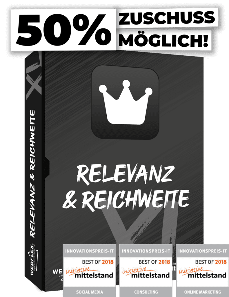 Darstellung des Produkt-Paketes 'Relevanz und Reichweite (XL)' mit den Innovationspreisen initiative Mittelstand in Online Marketing, Consulting und Social Media und Möglichkeit auf 50% Zuschuss für Fördermittel
