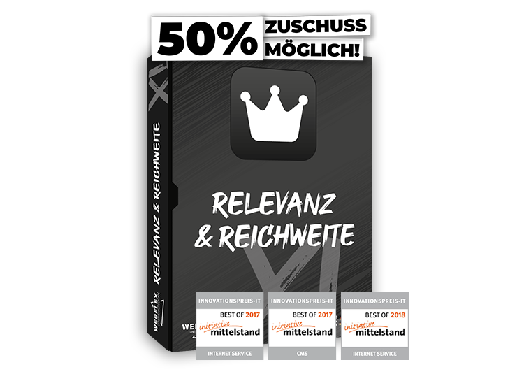 Darstellung des Produkt-Paketes 'Relevanz und Reichweite (XL)' mit den Innovationspreisen initiative Mittelstand in Online Marketing, Consulting und Social Media und Möglichkeit auf 50% Zuschuss für Fördermittel
