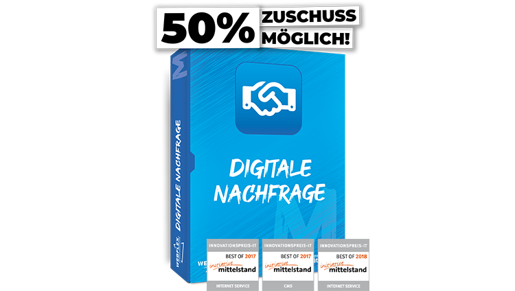 Darstellung des Produkt-Paketes 'Digitale Nachfrage (M)' mit den Innovationspreisen initiative Mittelstand in Online Marketing, Consulting und Social Media und Möglichkeit auf 50% Zuschuss für Fördermittel