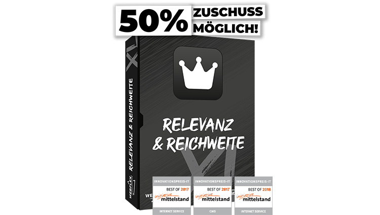 Darstellung des Produkt-Paketes 'Relevanz und Reichweite (XL)' mit den Innovationspreisen initiative Mittelstand in Online Marketing, Consulting und Social Media und Möglichkeit auf 50% Zuschuss für Fördermittel