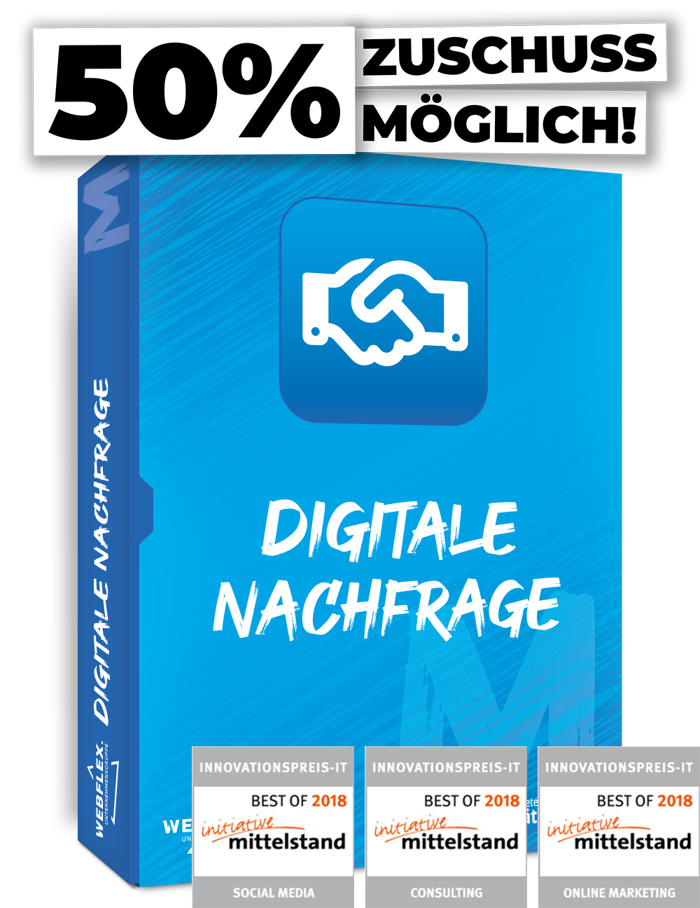 Darstellung des Produkt-Paketes 'Digitale Nachfrage (M)' mit den Innovationspreisen initiative Mittelstand in Online Marketing, Consulting und Social Media und Möglichkeit auf 50% Zuschuss für Fördermittel