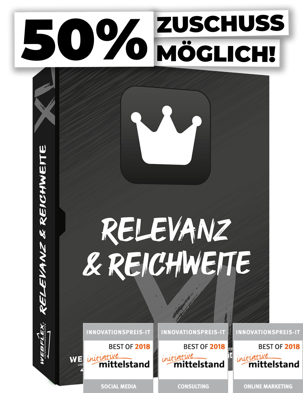 Darstellung des Produkt-Paketes 'Relevanz und Reichweite (XL)' mit den Innovationspreisen initiative Mittelstand in Online Marketing, Consulting und Social Media und Möglichkeit auf 50% Zuschuss für Fördermittel